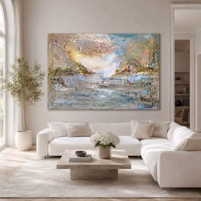 Mafett Abstract Landscape Canvas Wall Art in Blue, Beige and Gold, W: 200 cm, H: 100 cm