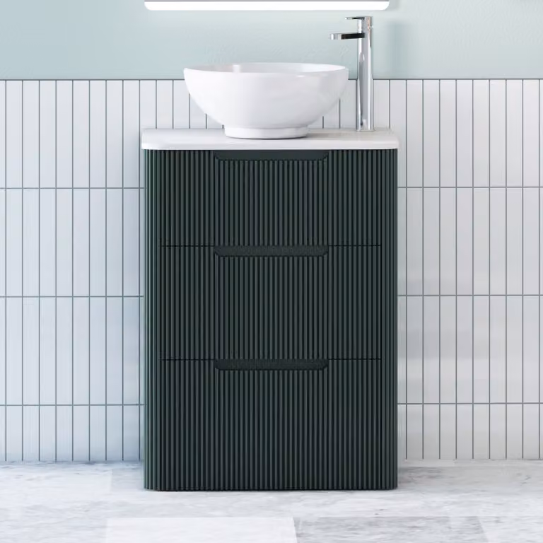 Royal Bathrooms Avenza Floor Standing 3 Drawer Vanity Unit in Moss Green with Plain White Worktop and Breeze Basin
