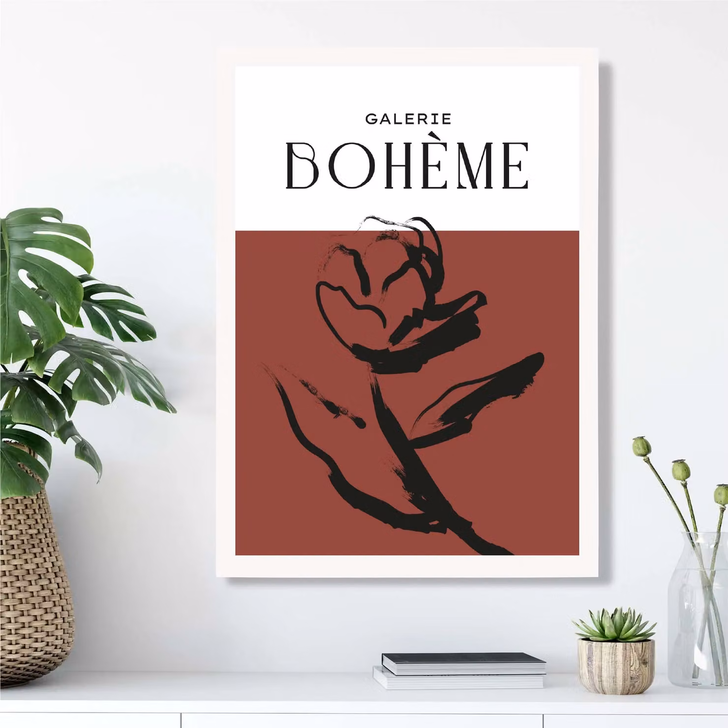 ARTZE Red Rose Boho Sketch Floral Framed Print with White Frame – 2