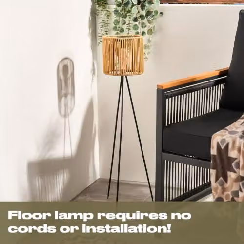 OHS Rattan Solar Floor Lamp in Natural Wood and Black with Dusk Sensor for Garden, Balcony and Terrace – 3