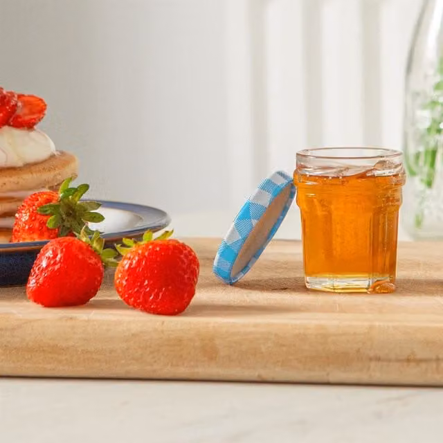 Argon Tableware Blue Gingham Checked Glass Jam Jars with Metal Screw Lids, 30 ml, Pack of 24