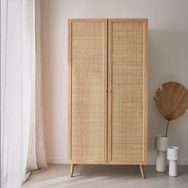 Sweekeec 2-door Scandinavian wardrobe in brown with rattan and wood-effect finish, H: 179.5 cm, W: 90 cm, D: 59 cm