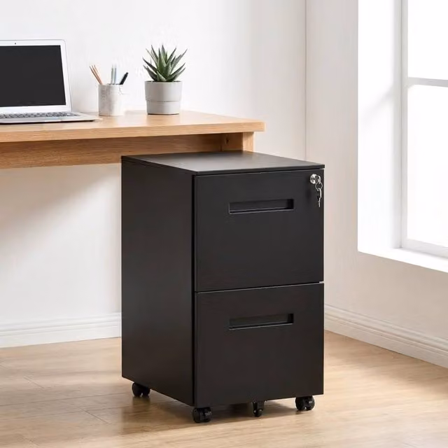STILVORA Black 2 Drawer Metal Filing Cabinet with Lock and Castors – 1