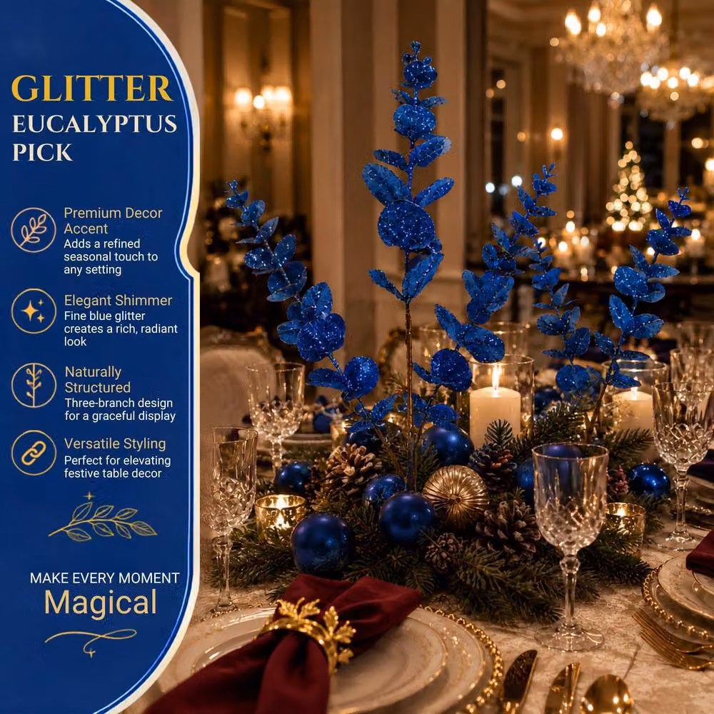 Shatchi 12 Pack Dark Blue Glitter Artificial Eucalyptus Christmas Tree Picks, 55 cm – 9