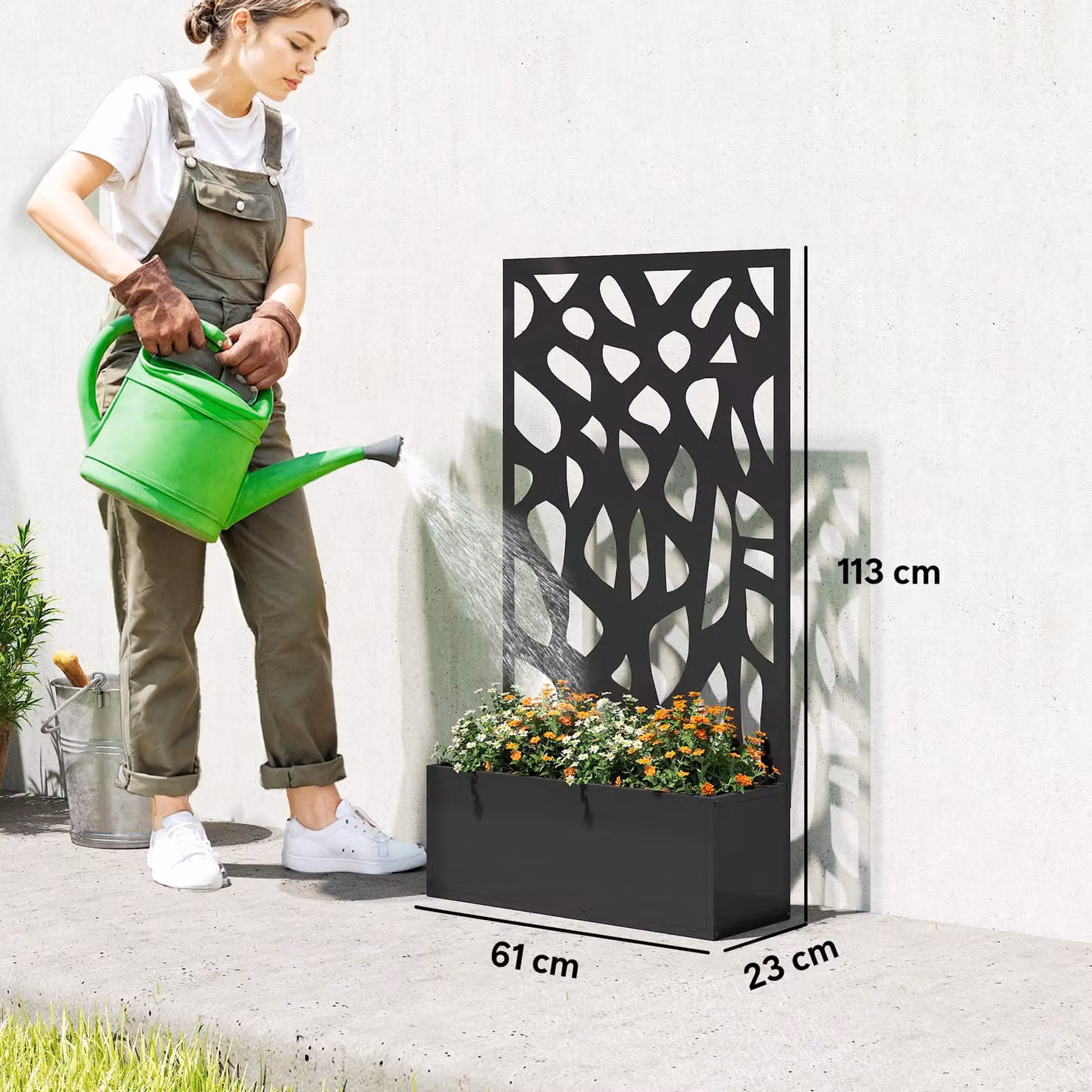 Outsunny Metal Raised Garden Bed with Trellis and Privacy Screen, Black Steel Outdoor Planter Box for Climbing Plants, W/D/H: 113 x 61 x 23 cm – 3