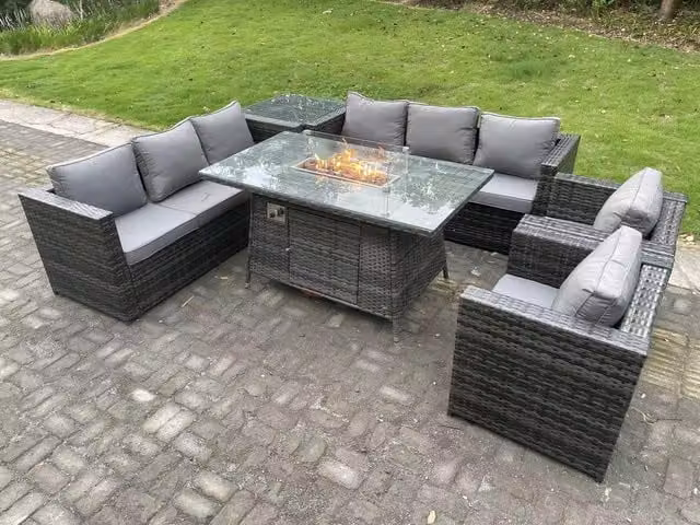 Fimous 8 Seater Outdoor Rattan Gas Fire Pit Table Set with Lounge Chairs in Dark Grey