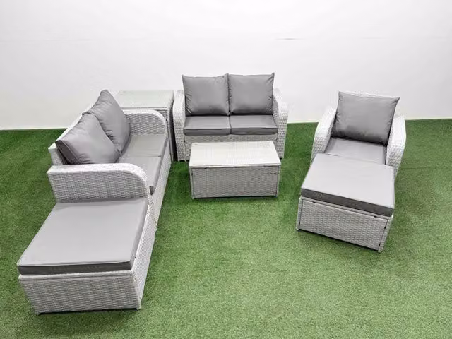 Fimous Grey Poly Rattan Garden Furniture Set with Reclining Chair, Loveseat Sofa, Rectangular Coffee Table and 2 Stools