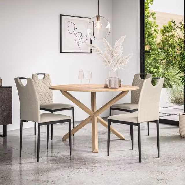 More4Homes Malvern Round Dining Table and 4 Monza Fabric Chairs Set, Oak and Beige – 1