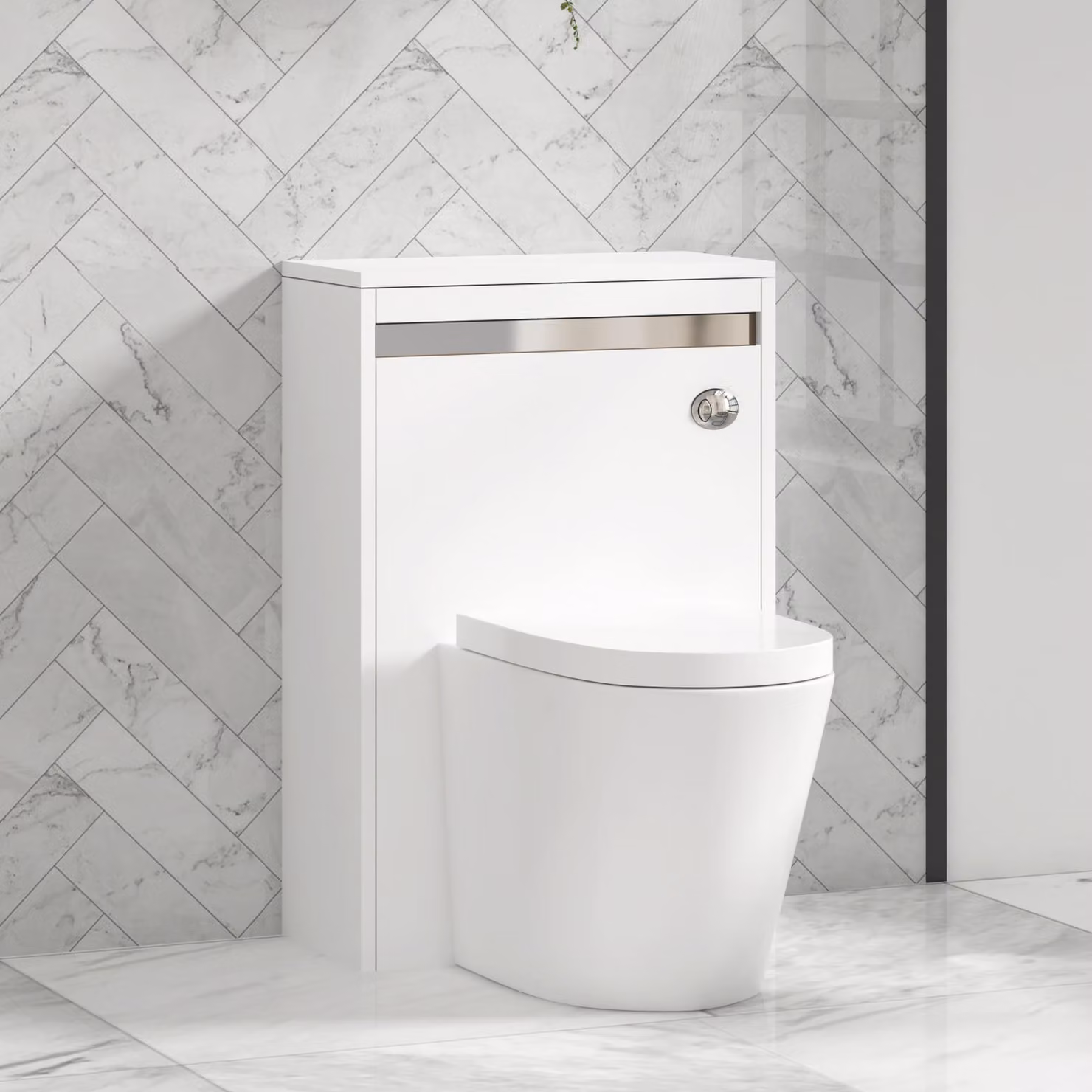 Royal Bathrooms Orion 540mm Matt White Wall Mounted WC Unit with Cesar Rimless Ceramic Toilet Pan, Soft Close Seat and Cistern with Chrome Accent Trim