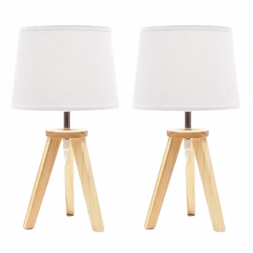 ValueLights Jackson Pair of Scandinavian Wooden Tripod Table Lamps with Fabric Shades in Brown and Sand, H: 32 cm, W: 18 cm, D: 18 cm