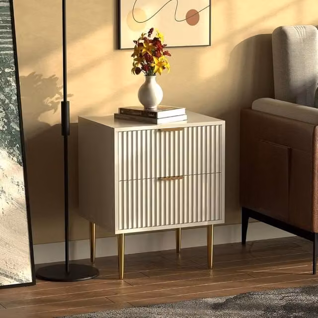 Hygrad White Fluted 2 Drawer Bedside Table with Gold Legs, W: 40.0 cm, D: 40.0 cm, H: 63.5 cm – 1