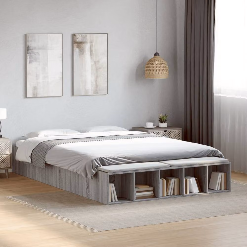 Berkfield Home Modern Bed Frame in Grey Sonoma with Side Compartments, W: 140 cm, L: 200 cm – 2