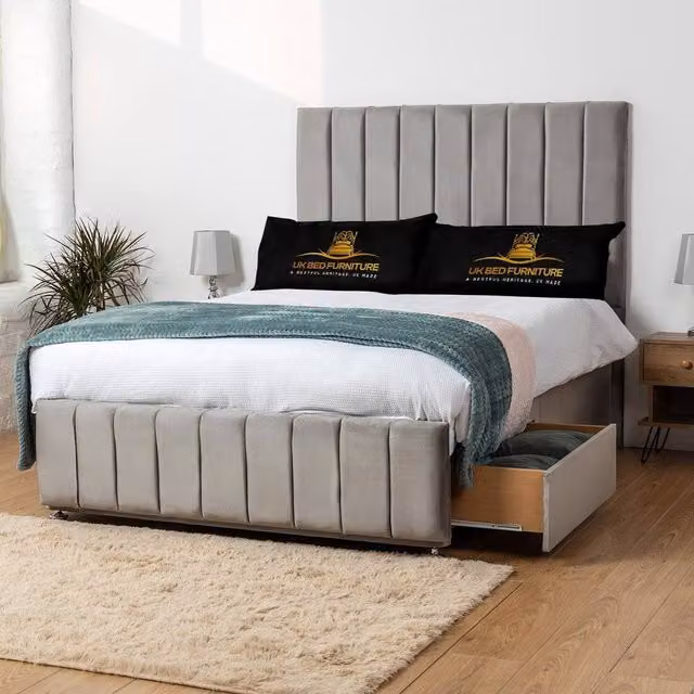 UK Bed Furniture Falcon Divan Bed with 2 Drawers and 26 Inch Headboard, Grey, W/D/H: 140 x 200 x 66 cm