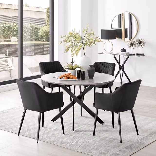 FurnitureboxUK Novara Grey Concrete Effect Round Dining Table and 4 Calla Black Leg Chairs, Diameter: 120 cm – 1