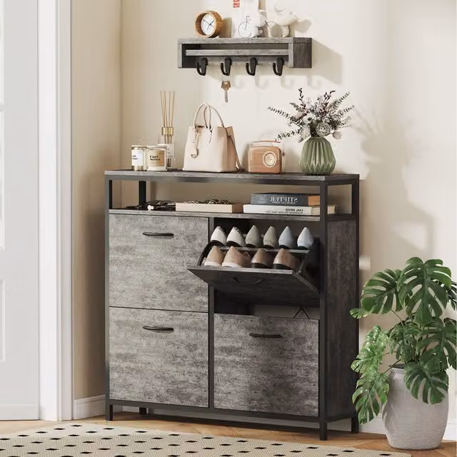 HOMCOM Industrial Narrow Shoe Cabinet with 4 Tilting Compartments in Grey, Brown and Black