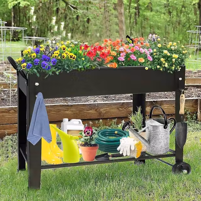Huhote Metal Raised Garden Bed with Legs and Storage Shelf, Black Outdoor Planter Box