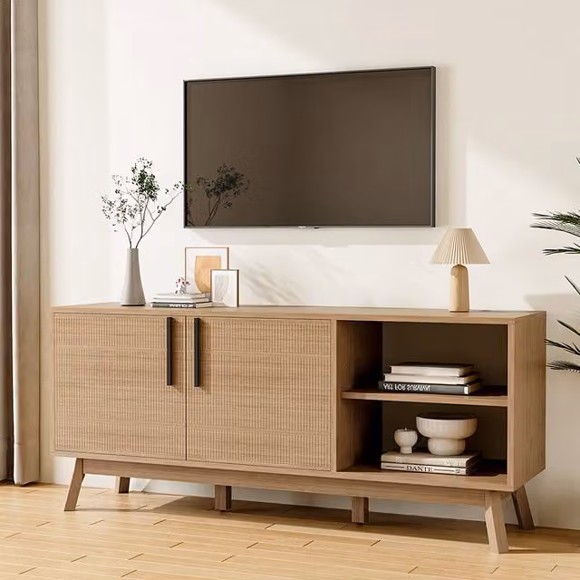 Komore Mid-Century Brown TV Stand with Storage Cabinet