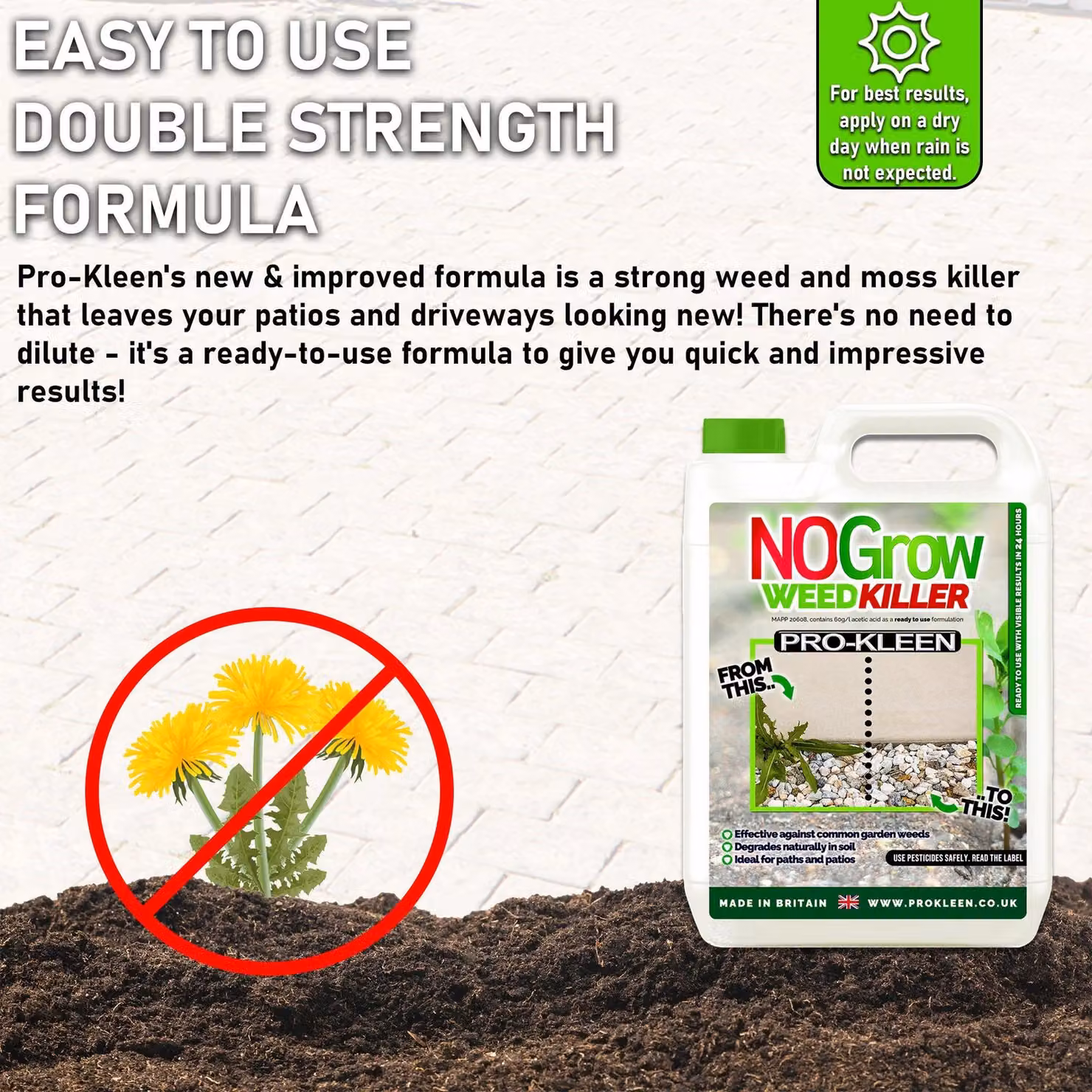 ProKleen NO Grow Double Strength Glyphosate Free Weed and Moss Killer Spray, 2 x 500 ml – 2