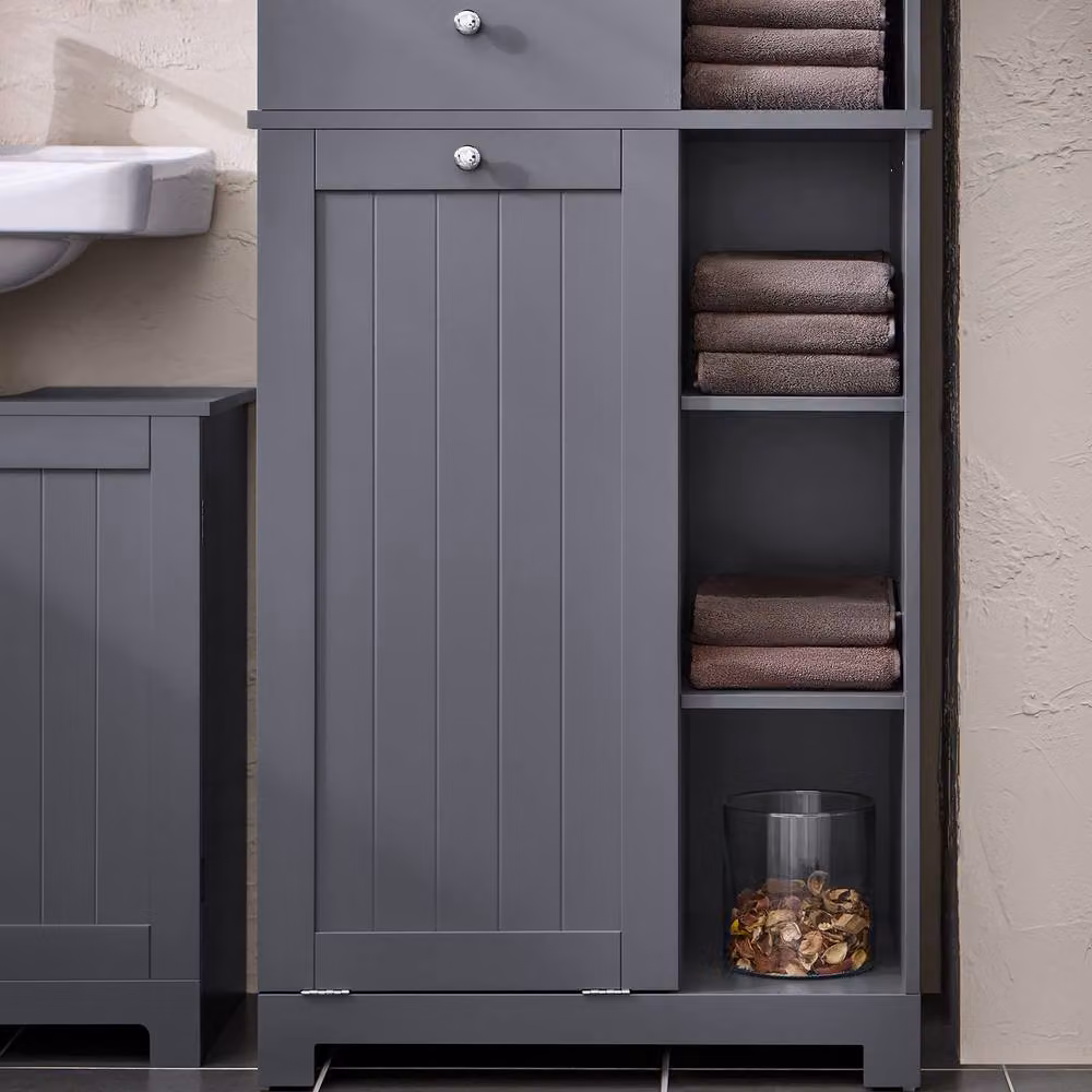 SoBuy Modern Bathroom Tall Cabinet in Dark Grey with Internal Shelves and Drawers – 3