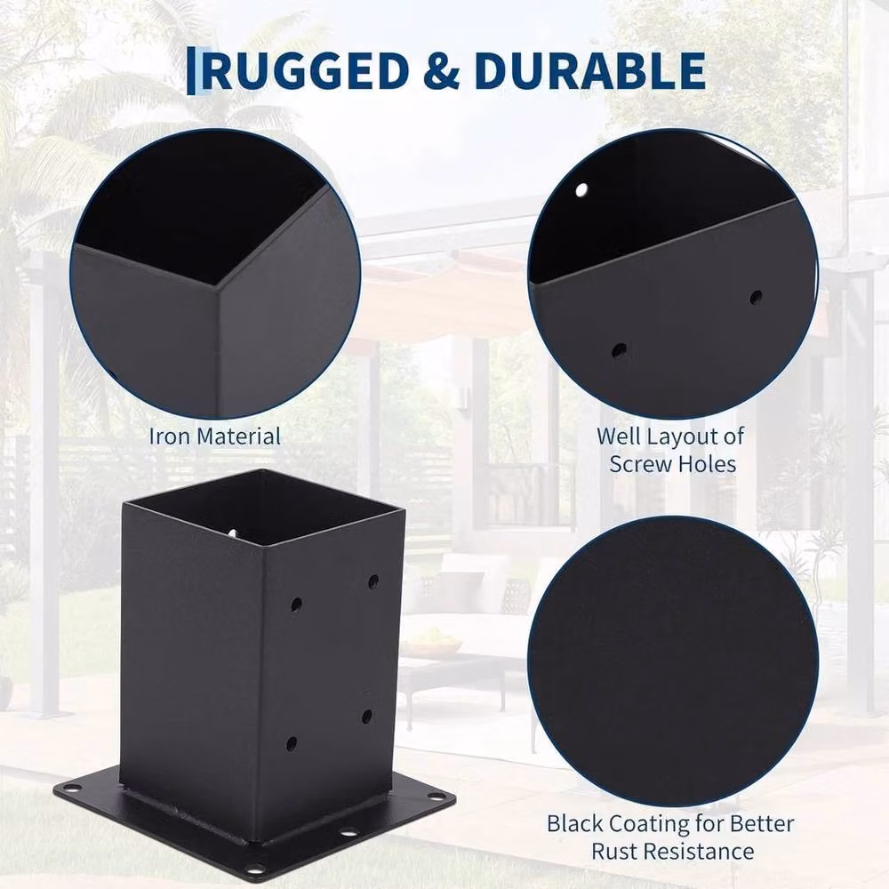 VOGREX 4-Piece Black Steel Metal Post Base Brackets for Wood Fence Posts – 2