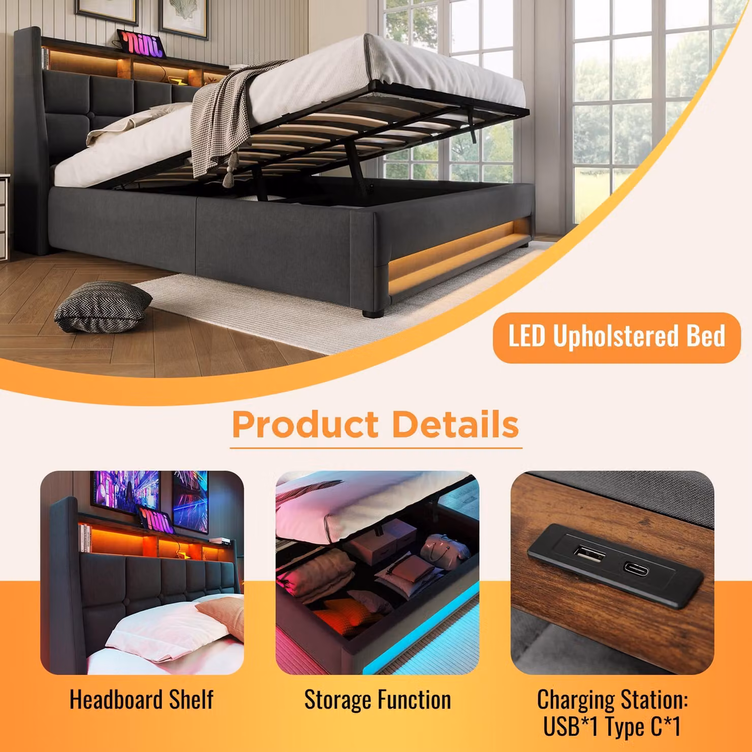 Aosom UK Grey Upholstered King Bed Frame with LED Lighting and Gas-Lift Under-Bed Storage, W/D/H: 155 x 210 x 117 cm – 4