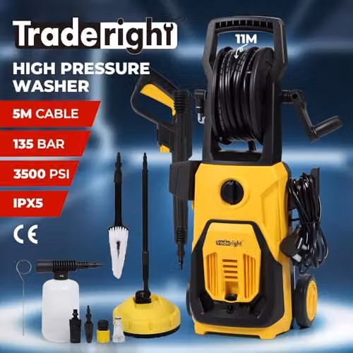 Traderight Yellow High-Pressure Washer with 1800W Motor, 135 Bar Pressure, 480 L/H Flow Rate, Adjustable Nozzle, 11m Hose and Foam Cannon – 2