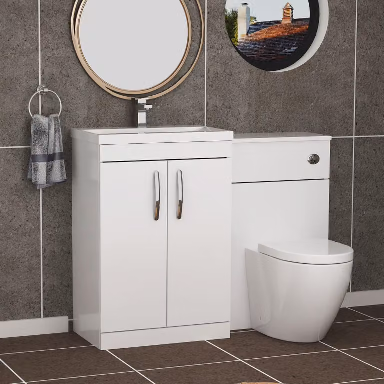 Royal Bathrooms Gloss White 2 Door Furniture Pack with Mid Edge Basin and Elva Back to Wall Toilet, Width: 110 cm