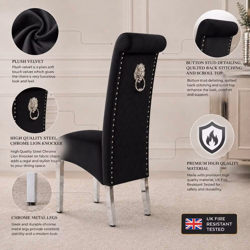 Stratus Interiors Emma Tall Velvet Lion Knocker Dining Chair in Black, H 107 cm x W 62 cm x D 46 cm – 3