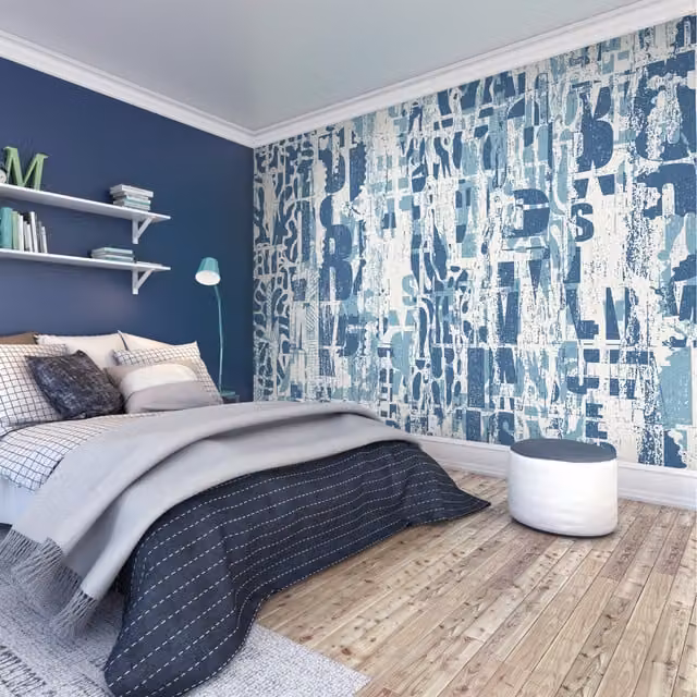 Origin Murals Letterpress Graffiti Abstract Industrial Wall Art in Denim Blue, Large