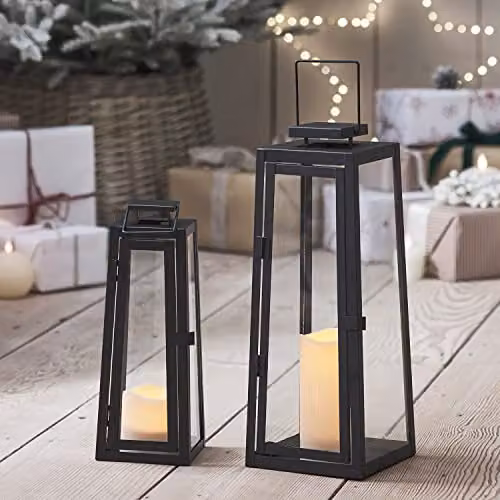 Lights4fun Porto Solar Metal Lantern Bundle, Set of 2 Black and Anthracite Decorative Outdoor Garden LED Candle Lanterns, IP44 Waterproof – 4
