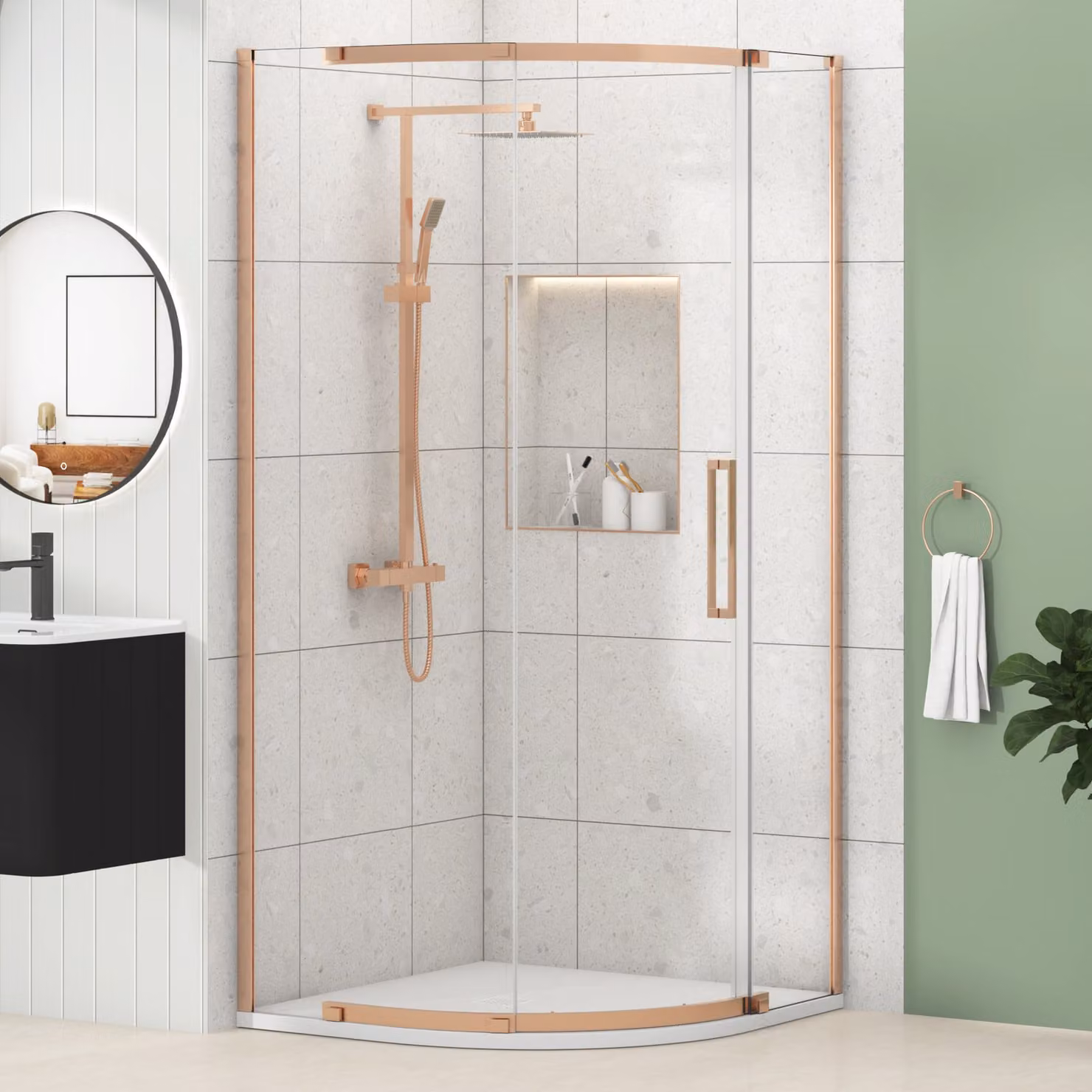 Royal Bathrooms Chelsea Single Door Quadrant Shower Enclosure with White Mineral Cast Stone Tray, Brushed Bronze, W: 90 cm, H: 195 cm
