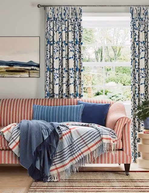 LAND & SHORE Blue Checked Woven Wool Blend Fringed Throw