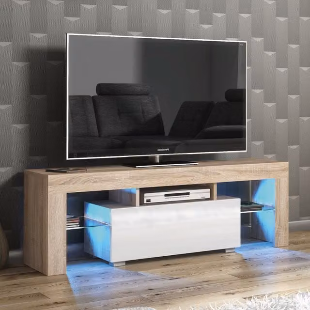 Mex Furniture LTD Modern Glossy TV Unit with LED Lighting in Light Oak, W: 130 cm, D: 35 cm, H: 45 cm