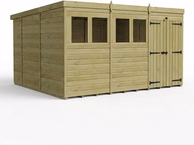 Buttercup Farm Brown Timber Pent Garden Shed with Double Doors and Windows, W: 365.76 cm, D: 305.0 cm, H: 210.0 cm – 1