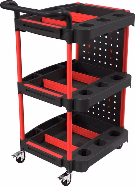 HOMCOM 3-Tier Rolling Tool Cart with Pegboard and Hooks, Black and Red Storage Trolley with Brakes – 1