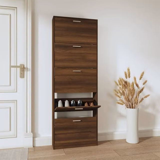 Berkfield Home Brown Oak Shoe Cabinet with Tilting Compartments, W: 59 cm, D: 17 cm, H: 169 cm – 1
