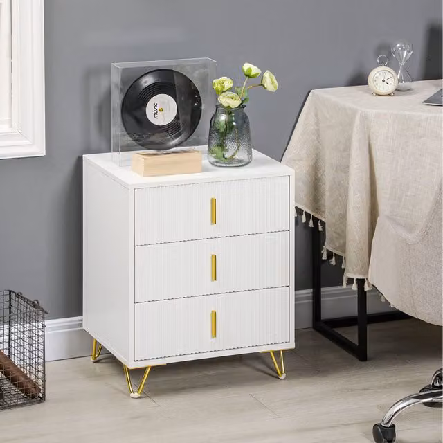 HOMCOM White and Gold Bedside Table with 2 Drawers