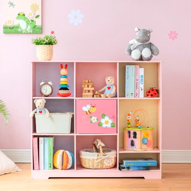 Teamson Kids Magic Garden Pink Wooden Cube Bookcase with Adjustable Shelves and Back Panel