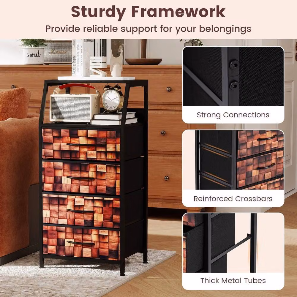VOGREX Tall Industrial Nightstand with 4 Fabric Drawers in Brown – 4