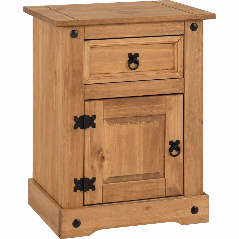 Seconique Corona Essentials 1 Door 1 Drawer Bedside Cabinet in Natural Distressed Waxed Pine – 2