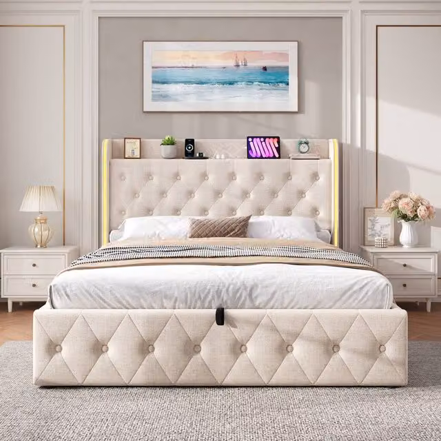 Merax Double Upholstered Storage Bed Frame with LED Lighting and USB Charging Station, Beige, W: 140 cm, D: 200 cm, H: 143 cm