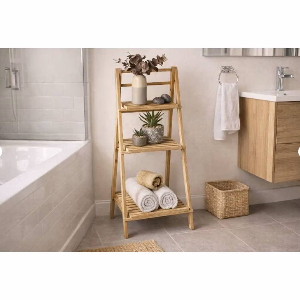 Kelvenix 3 Tier Folding Bamboo Bathroom Storage Shelf and Towel Rack in Brown – 2