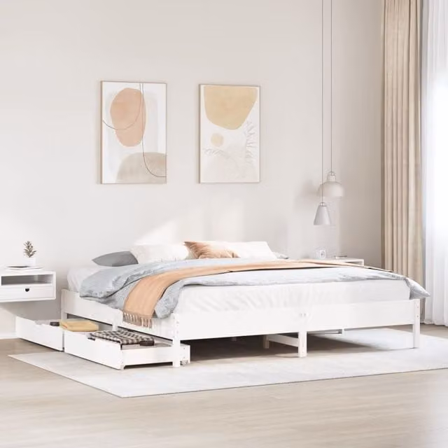 Berkfield Home White Solid Wood Pine Bed Frame with Drawers, W/D/H: 180 x 200 cm