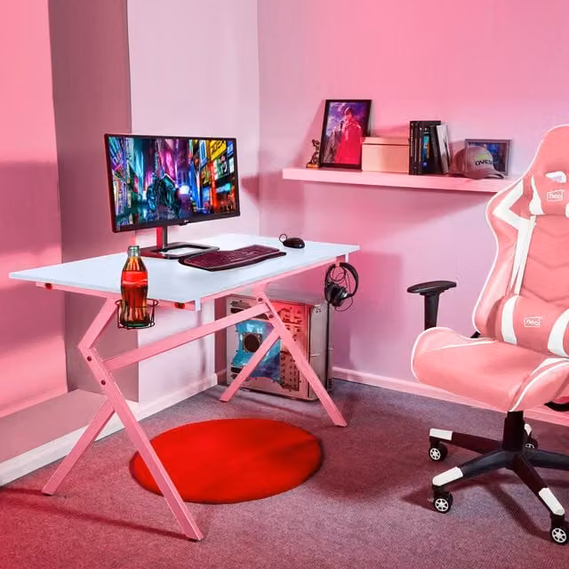Neo Ergonomic Gaming Desk in Pink and White with Headphone Hook