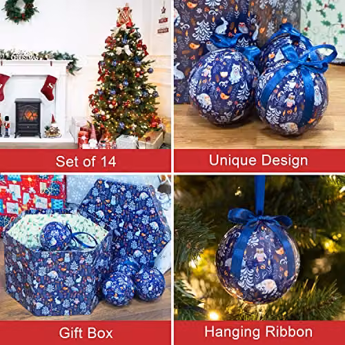 The Christmas Workshop Set of 14 Navy Blue Festive Animal, Flower and Bird Christmas Baubles, Diameter: 7.5 cm – 2