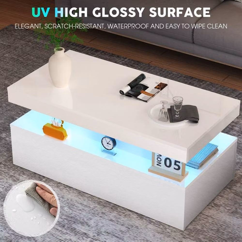KORVIXA High Gloss LED Coffee Table with 2 Wooden Storage Drawers in White, W/D/H: 100 x 100 x 100 cm – 2