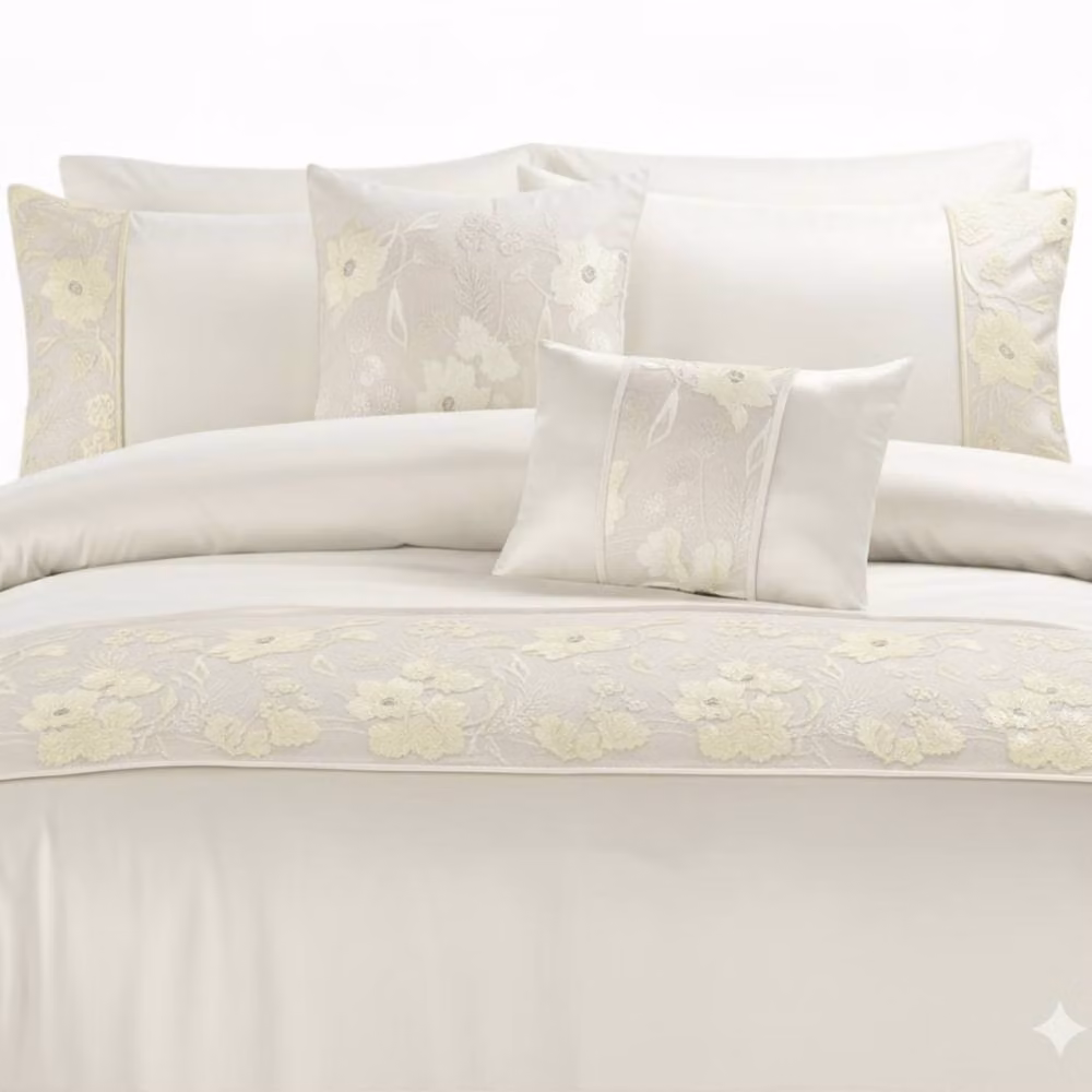 Snug City Luxury Embroidered Floral Duvet Cover and Pillowcase Set in Cream and Beige – 2
