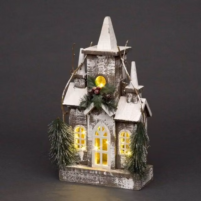 Shatchi Silver Wooden Christmas House Tabletop Decoration with Berries, Pines and Warm White Bulbs – 1