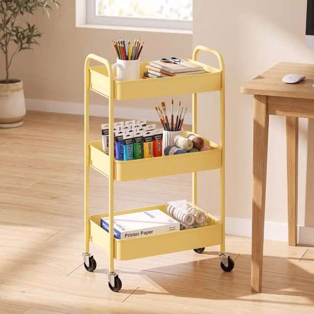 STILVORA Three-Tier Metal Storage Trolley with Wheels in Yellow