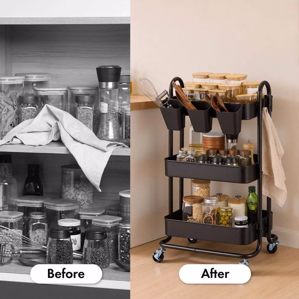 NESTLUNE Black 3 Tier Bathroom Storage Trolley with Wheels, W/D/H: 100 x 15 x 15 cm – 4